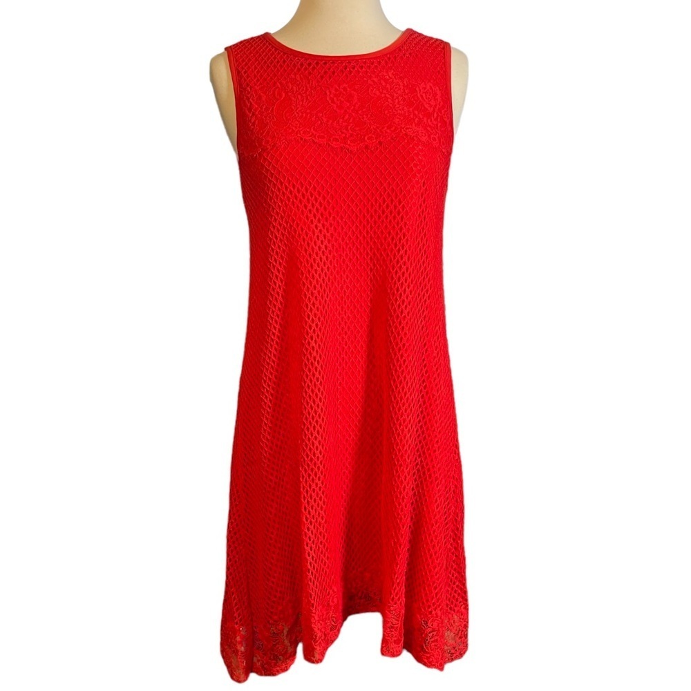 MAX STUDIO ~ Red Orange Swing Dress with Mesh Overlay ~ Size S